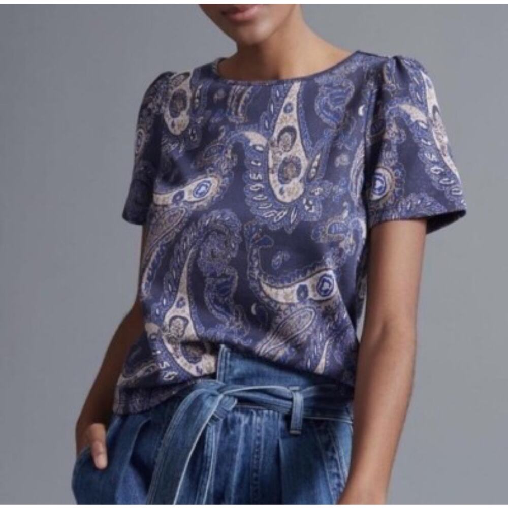 Anthropologie Demeter Paisley Blue Metallic Knit Puff Short Sleeve Boho Top XS